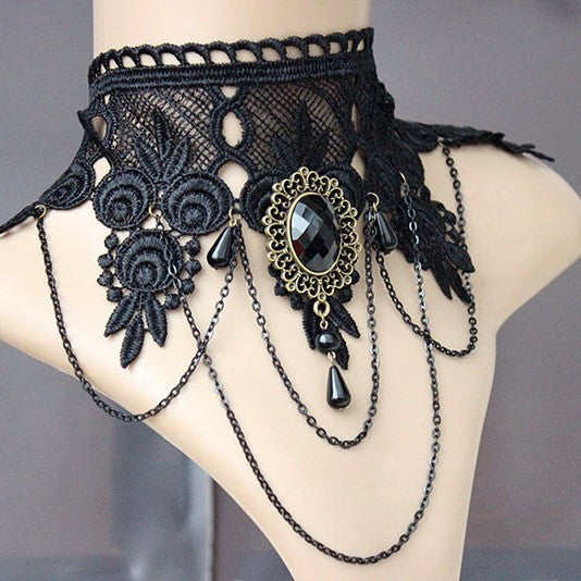 Wholesale Party Queen Gemstone Wide Neck Ornament Black Lace Necklace Halloween