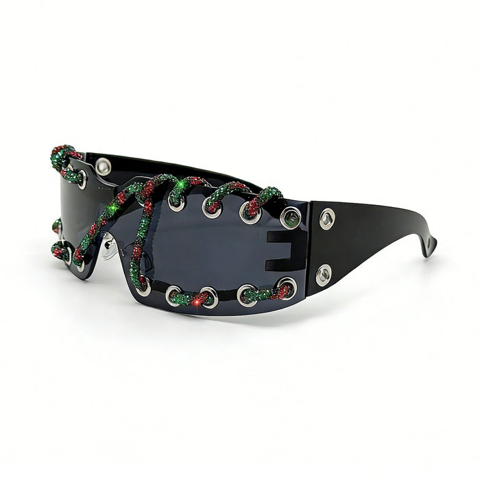 Wholesale Cyberpunk Rimless Rhinestone Sunglasses with Metal Rings and Rivets