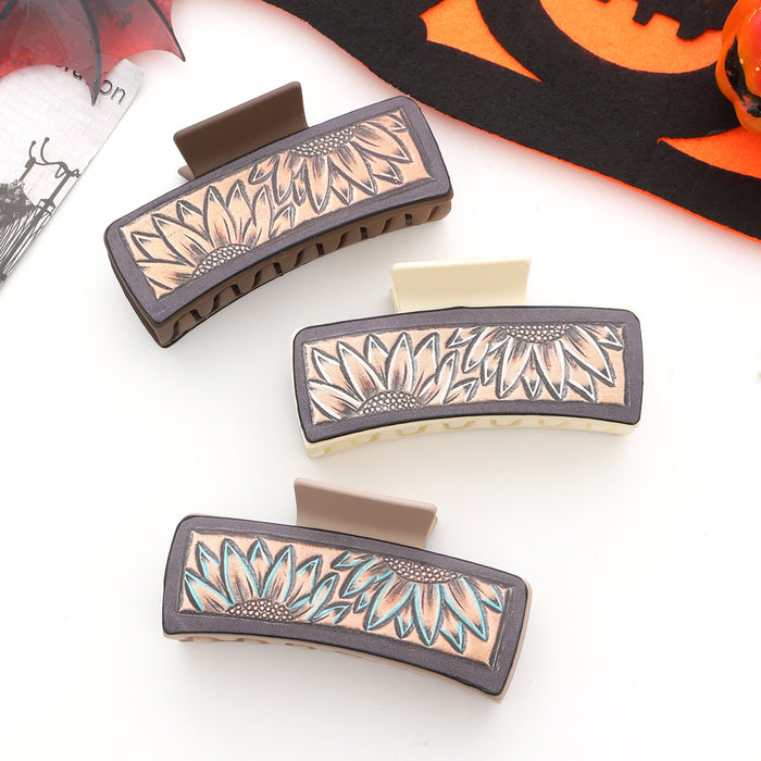 Wholesale West Denim Wind Sunflower Leather Hairpin PU Shark Clip Women Grab Clip