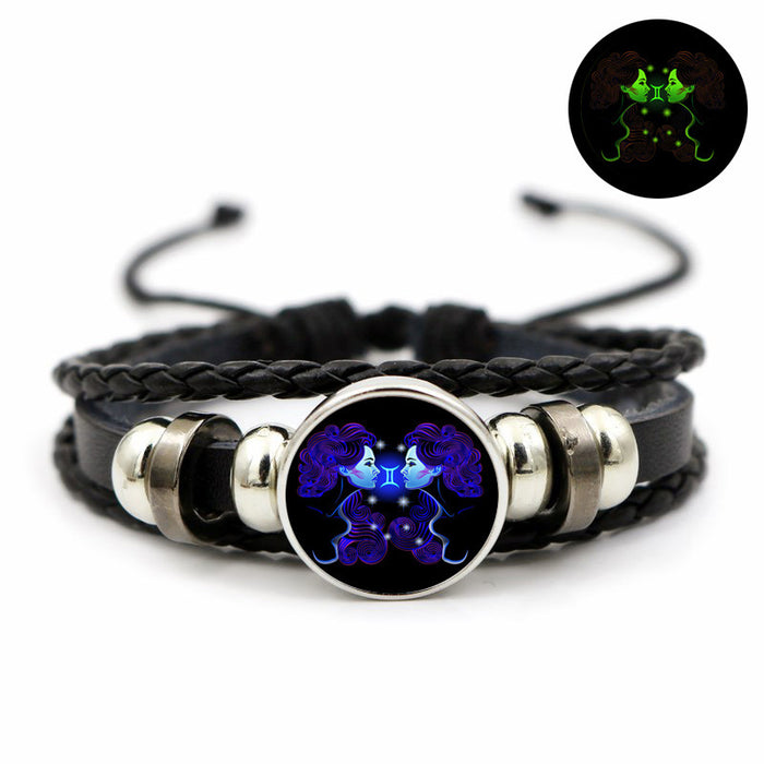 Wholesale Twelve Zodiac Luminous Retro Leather Bracelet Simple Glowing Wristband