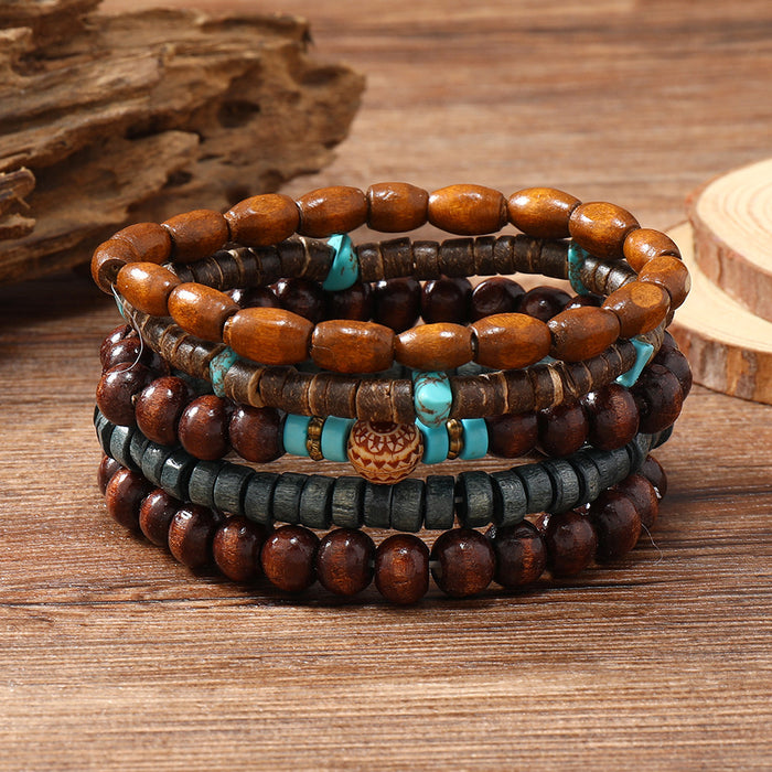 Wholesale Retro minimalist multi-piece wooden bead bracelet with crushed stones