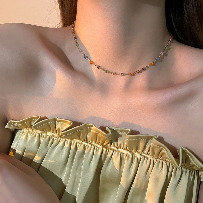 Wholesale Colorful block crystal necklace, niche design, versatile collarbone chain, fashionable temperament, light luxury pendant