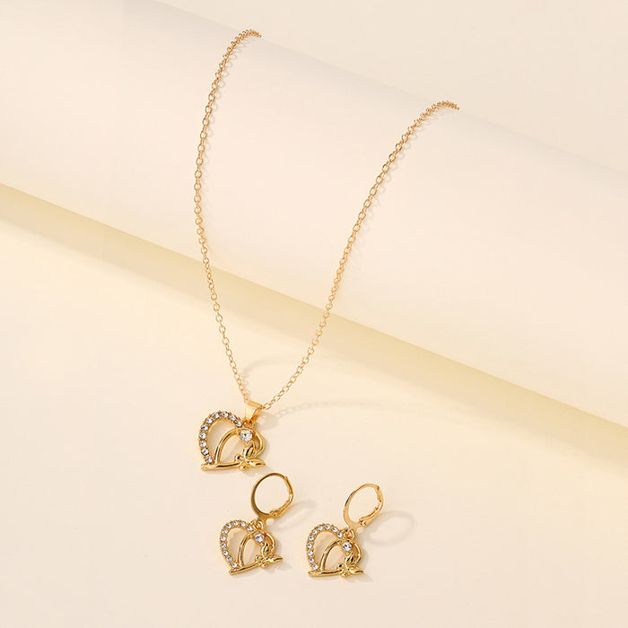 Wholesale New Jewelry Fashion Diamond Heart Earrings Versatile Alloy Butterfly Pendant Necklace Earring Set
