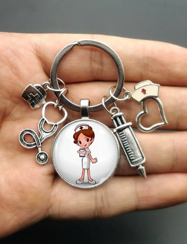 Wholesale Nurse Stethoscope Medical Syringe Picture Glass Cabochon and Glass Dome Keychain JDC-KC-HaoH010