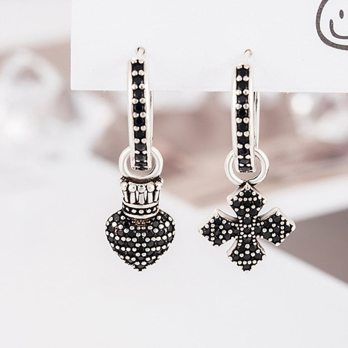 Wholesale Women's Micro-Encrusted Black Zircon Cross Heart Earrings