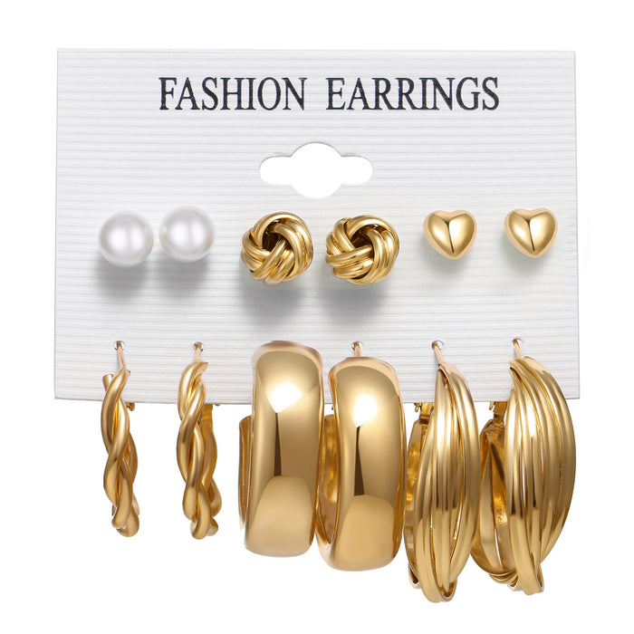 Wholesale 6-piece geometric pearl and diamond statement earring set