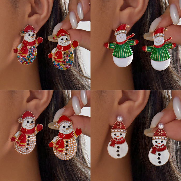 Wholesale Alloy Christmas Snowman Earrings with Rhinestone and Pearl Fashion Accessory Gift