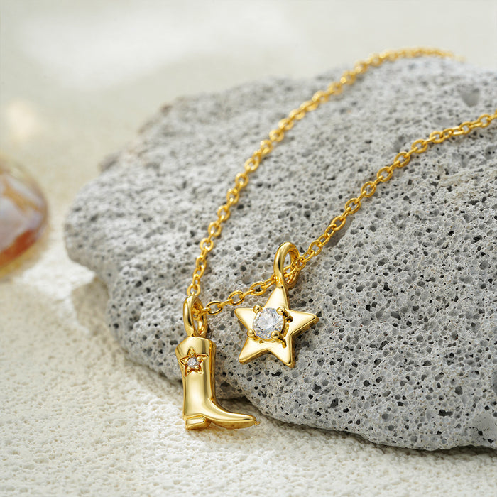 Wholesale Stainless Steel Zircon Necklace Western Denim Boots Carved  Pendant