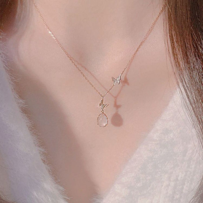 Wholesale New Pink Crystal Butterfly Necklace, Women's Light Luxury Water Drop Pendant, niche design, versatile collarbone chain