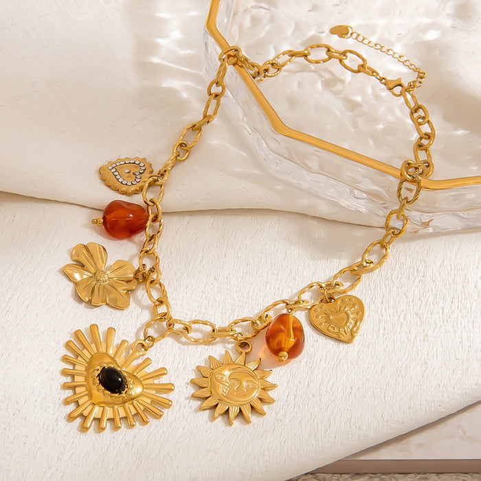 Wholesale Stainless steel necklace exaggerated love big sun resin inlaid natural stone pendant waterproof clavicle chain