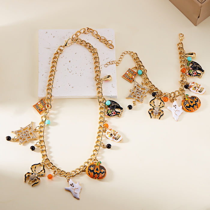 Wholesale  Pumpkin  Skull Necklace Bracelet Creative Ghost Black Cat Diamond Jewelry Set