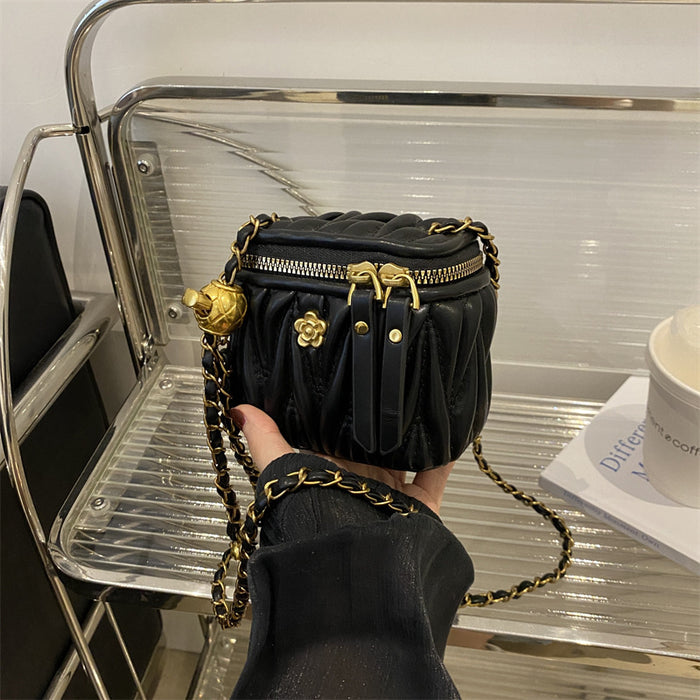 Wholesale Children's bag, diamond grid chain bag, camellia pleated bucket bag, girls' mini crossbody bag