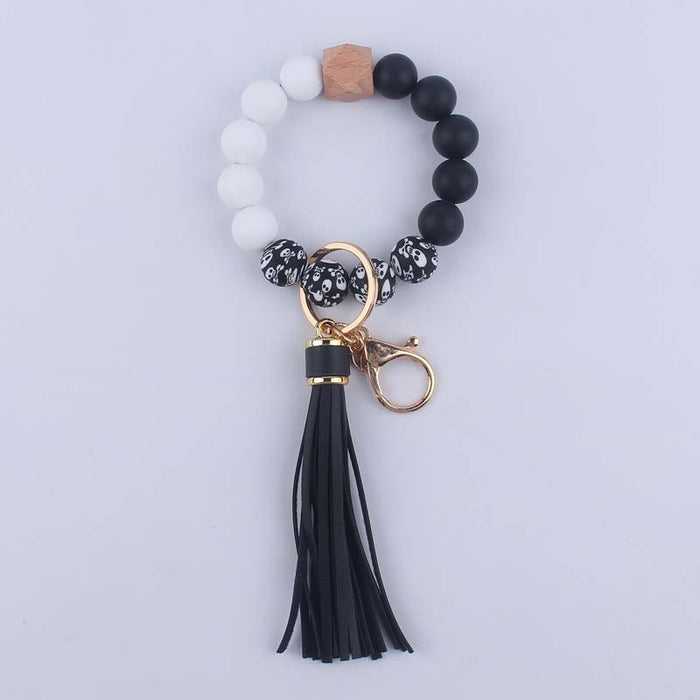 Wholesale Silicone leopard beads wrist keychain pendant leather PU tassel beaded bracelet accessories