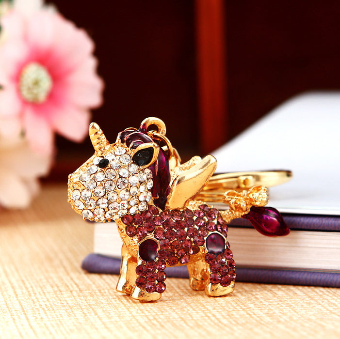 Wholesale Cartoon Unicorn Diamond studded Car Keychain Pendant Metal Keychain Ring