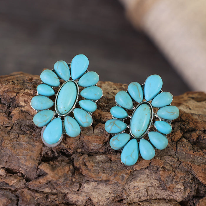 Wholesale Fashionable new alloy turquoise oil painting earrings with geometric flowers, exaggerated earrings, personalized and creative earrings