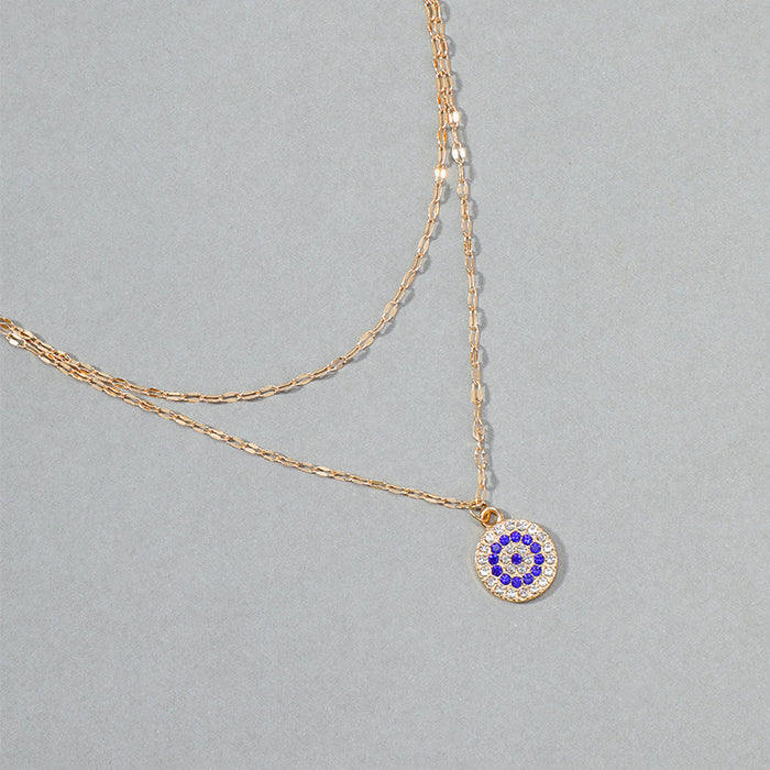 Wholesale Crystal new gold-plated Devil's Eye double-layer necklace, fashionable and personalized alloy pendant, sweater chain