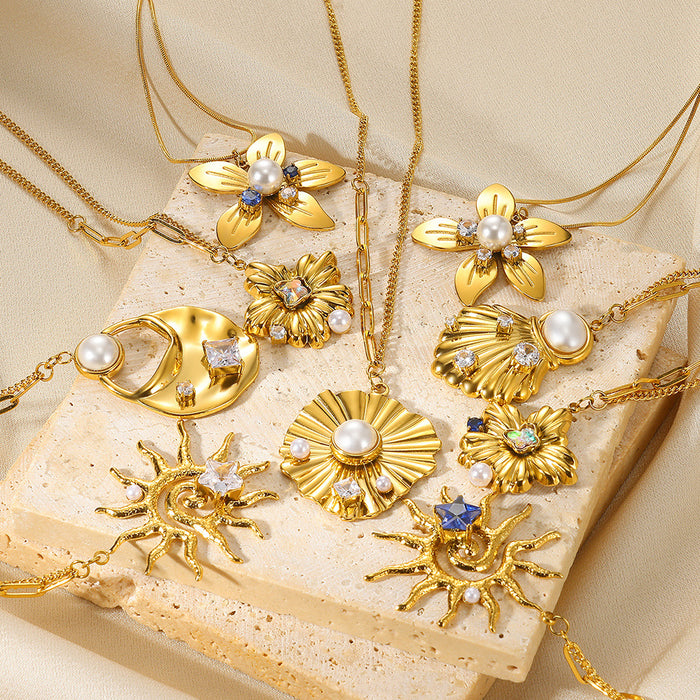 Wholesale Stainless Steel Vacation Ocean Imitation Pearl Jewelry Sunflower Necklace