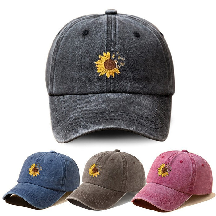Wholesale Washed denim cotton baseball cap, casual versatile printed flower hat, sun shading duckbill cap