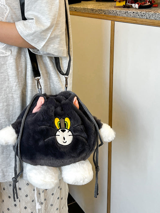 Wholesale Cute Plush Crossbody Women' s Bag Cartoon Cat Drawstring Bucket Shoulder Bag