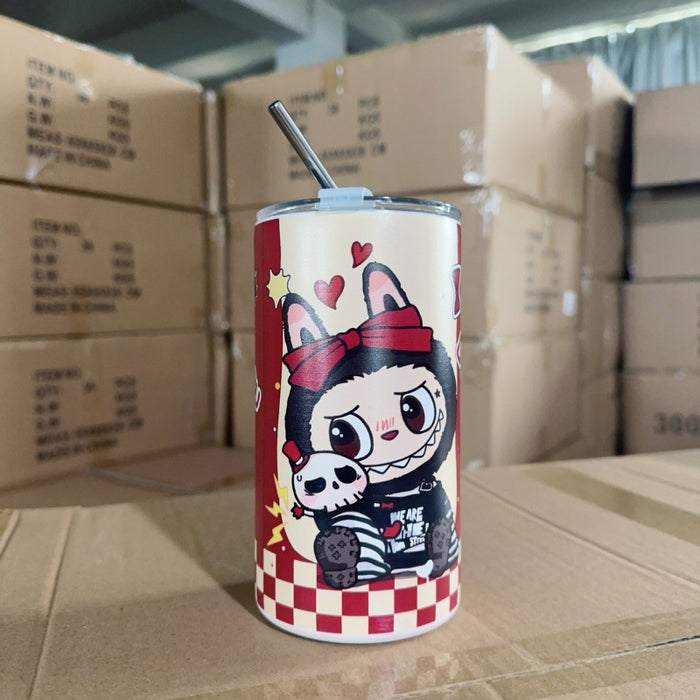 Wholesale stainless steel thermos cup printing cartoon high color value suction tube cup portable large capacity ice coffee cup