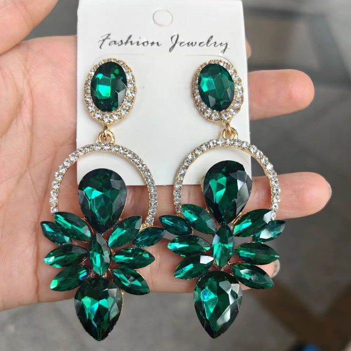 Wholesale exaggerated water drop horse eyes green stained glass diamond luxury temperament earrings