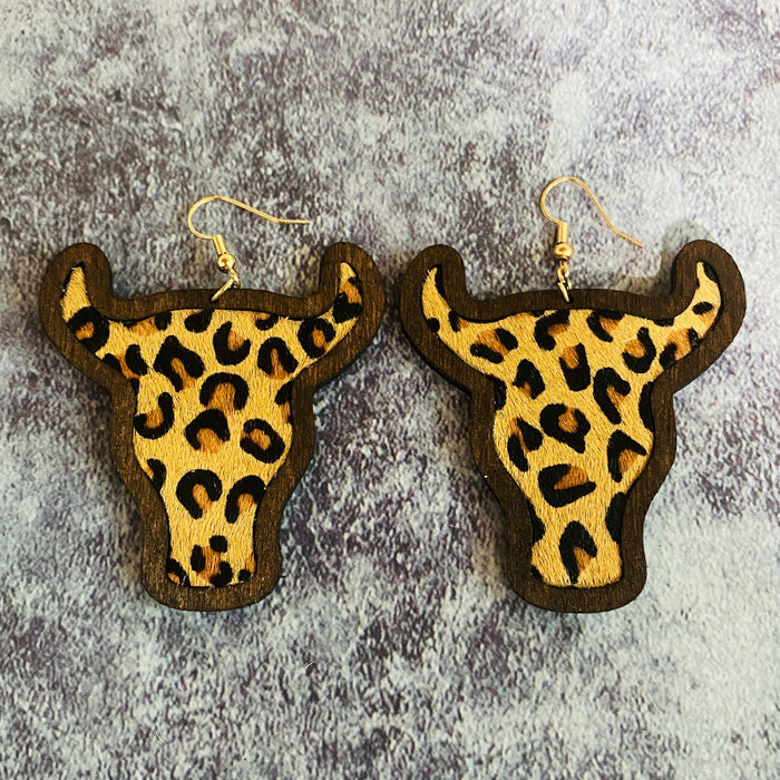 Wholesale Retro genuine leather earrings Western cow head leopard print horse hair inlaid wooden earrings