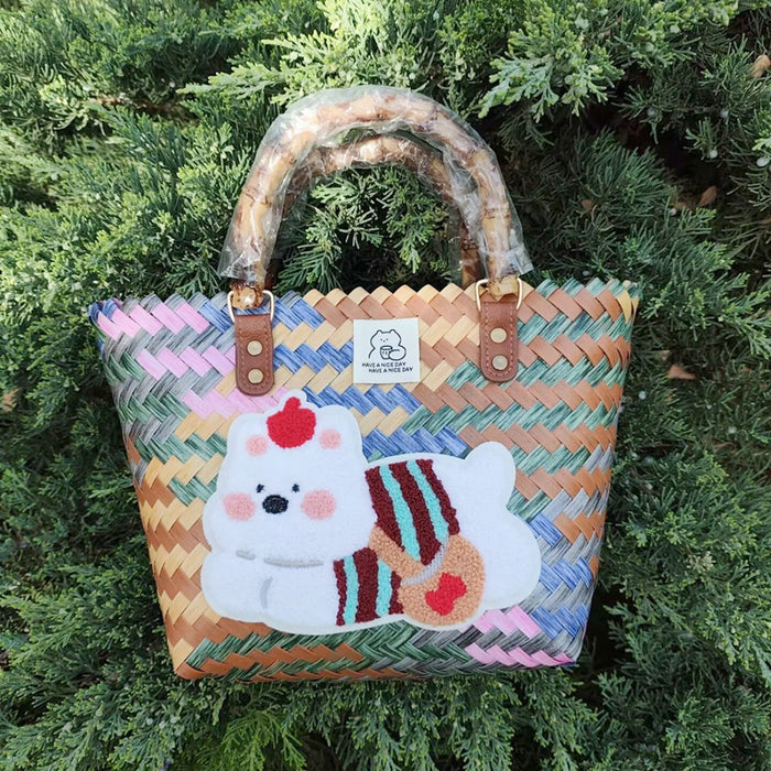 Wholesale Cute Cartoon Rags Woven Bag Imitation Straw Woven Bag Seaside Shoulder Handbag