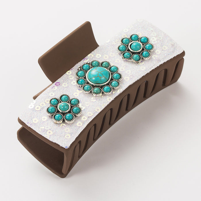 Wholesale Ancient Silver Alloy Turquoise Accessories Western Style Clip Retro Leopard Print Sequin Leather Fashion Back Head Clip