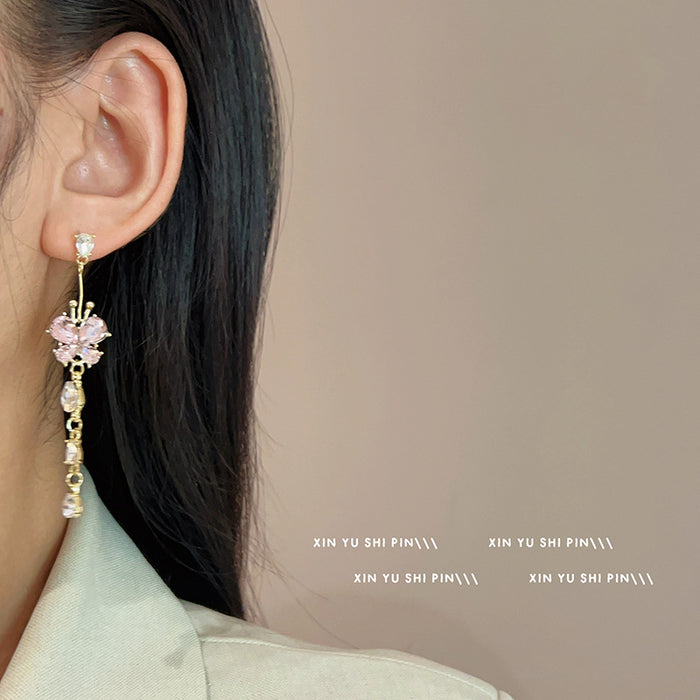 Wholesale Romantic and sweet zircon butterfly tassel earrings with diamond inlay, new niche design, exquisite and versatile ear accessories