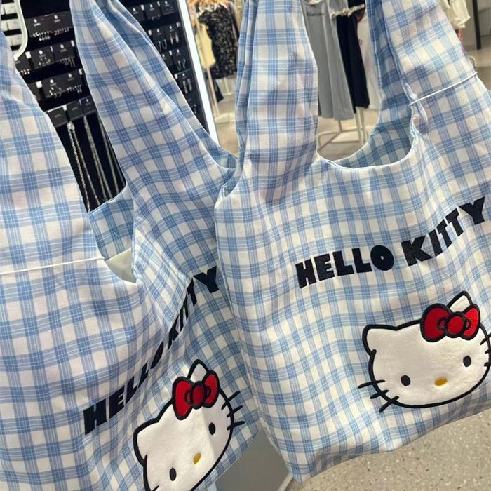 Wholesale Versatile cartoon shoulder bag, checkered casual canvas bag, wholesale for students