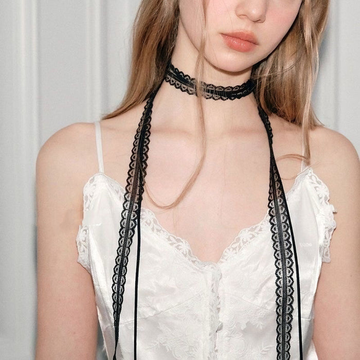 Wholesale Stacked lace ribbon versatile collarbone scarf design with a slim neck strap necklace
