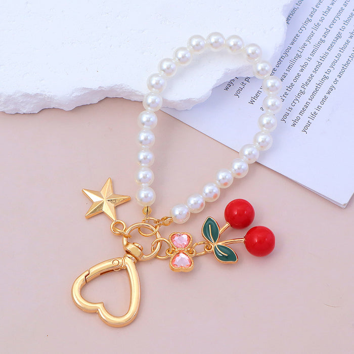 Wholesale Advanced Water Diamond Bow Cherry Keychain Pearl Chain Bag Pendant Car Hanging Accessories Versatile Accessories
