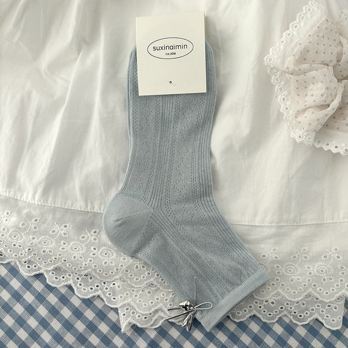 Wholesale Love Silver Wire Bow Middle Socks Breathable Hollow Short Socks