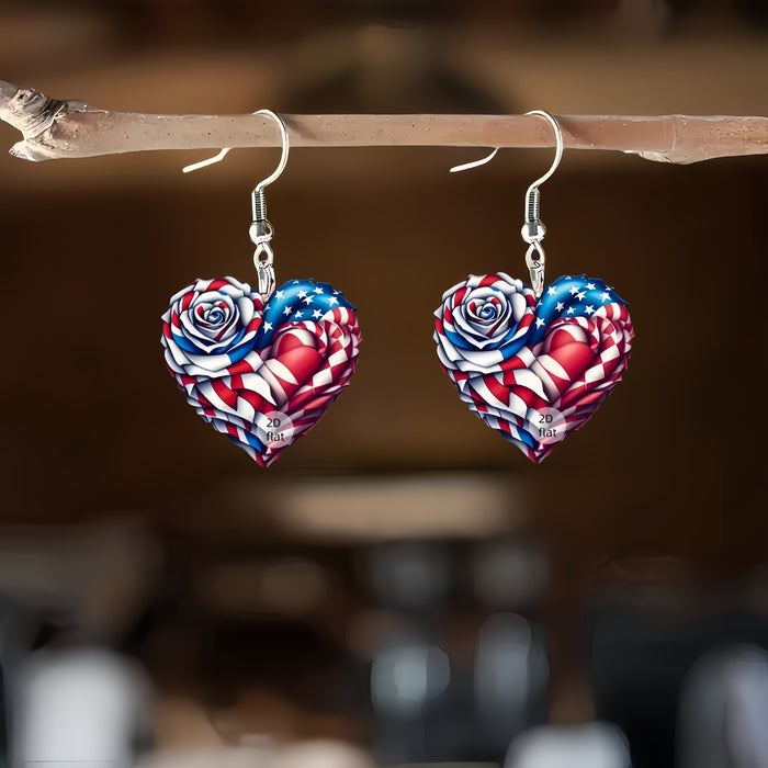 Wholesale Acrylic earrings with red, white, and blue flags, colorful heart-shaped rose earrings, and earrings