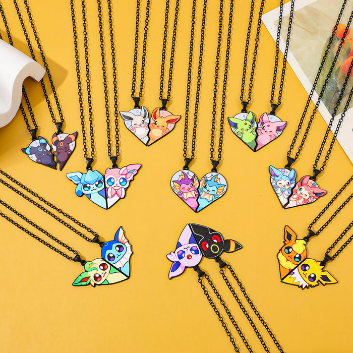 Wholesale 1pair Cartoon Cute Heart Patchwork Pendant Necklace