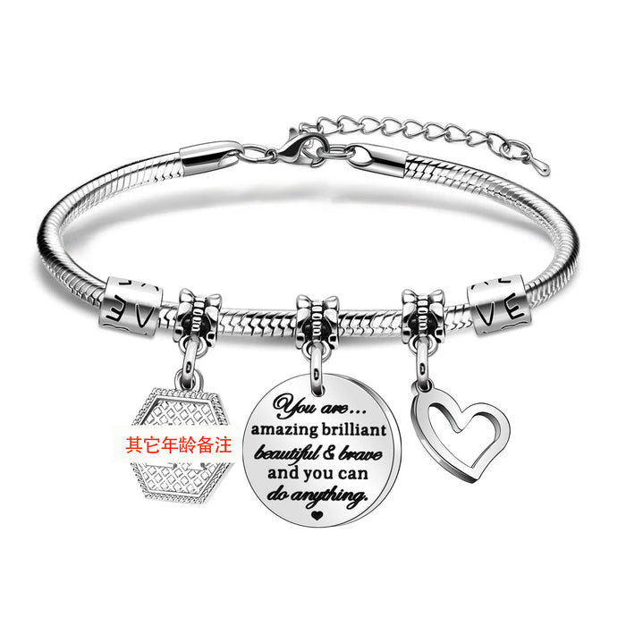 Wholesale Bracelet made of stainless steel, soft chain, round plate, engraved with heart-shaped pendant, made of stainless steel