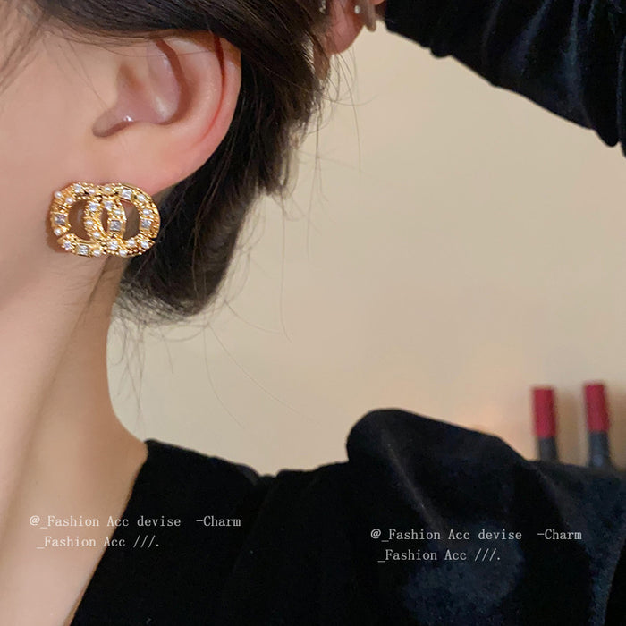 Wholesale Real Gold Electroplated Silver Needle Zircon Pearl Circle Stud Earrings JDC-ES-HuiHe007
