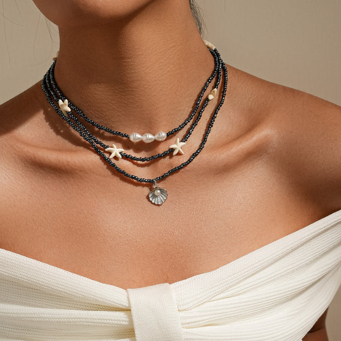 Wholesale New stacked black bead starfish necklace shell pendant necklace, personalized and fashionable collarbone chain