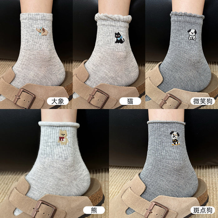 Wholesale Cotton socks, mid tube socks, cartoon embroidered lace socks, cute sports socks
