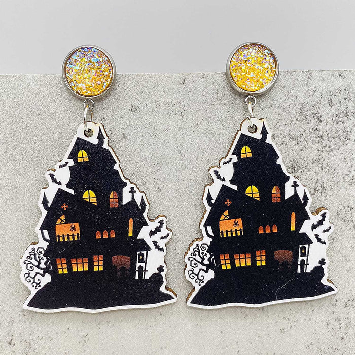 Wholesale Halloween Pumpkin Castle Wooden Earrings JDC-ES-Chengy038