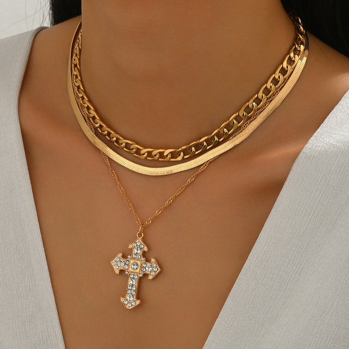 Wholesale Multi layered diamond studded cross necklace with creative simplicity and trendy gold alloy necklace accessories