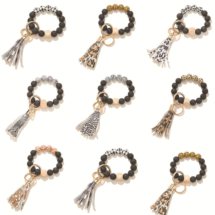 Wholesale Black Frosted Wooden Beads Tassel Pendant Bracelet Keychain JDC-KC-JinY009