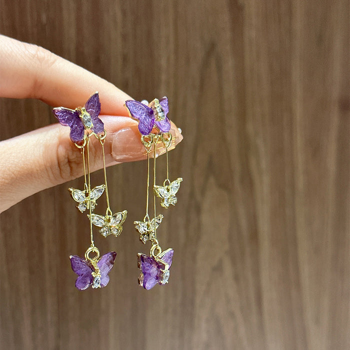 Wholesale Silver needle butterfly earrings, high-end zircon tassel earrings, niche earrings