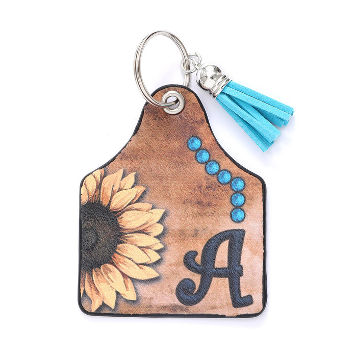 Wholesale Leather Sunflower Letter Tassel Keychain Pendant