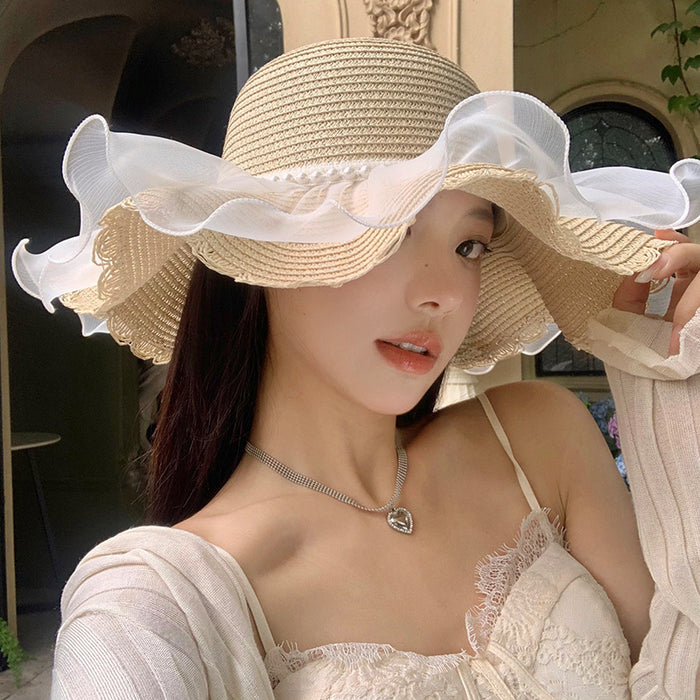 Wholesale Lace straw hat with large brim, outdoor UV resistant straw woven sun hat