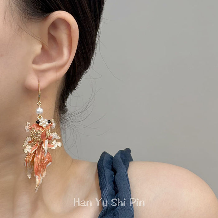 Wholesale Enamel Oil-Drip Goldfish Tassel Earrings