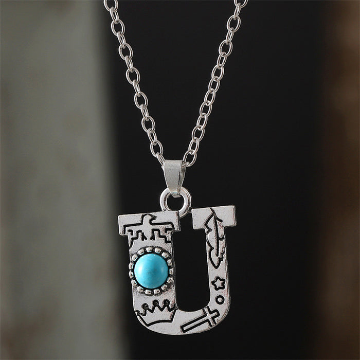 Wholesale 2pcs Retro 26 English Letter Turquoise Necklace