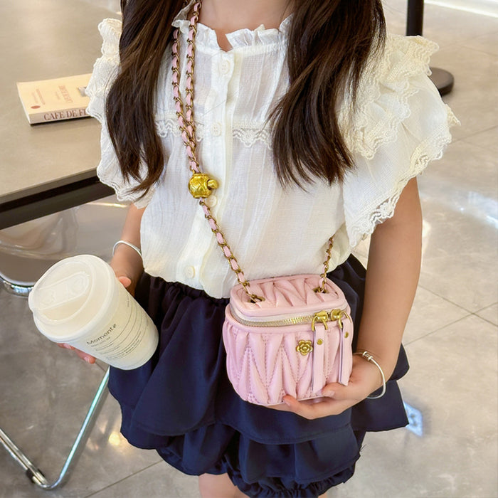Wholesale Children's bag, diamond grid chain bag, camellia pleated bucket bag, girls' mini crossbody bag