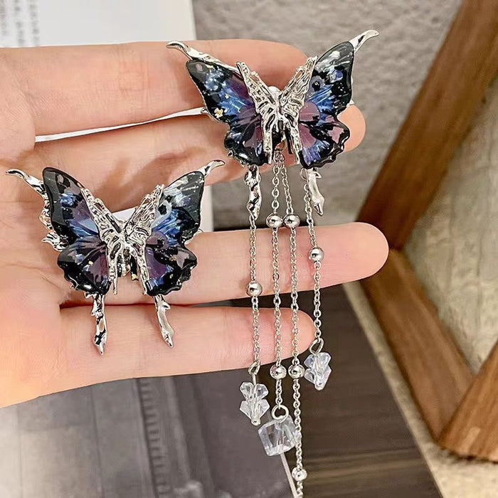 Wholesale Light luxury temperament, blue starry sky shining butterfly earrings, retro high-end feeling, crystal tassel asymmetrical exaggerated earrings
