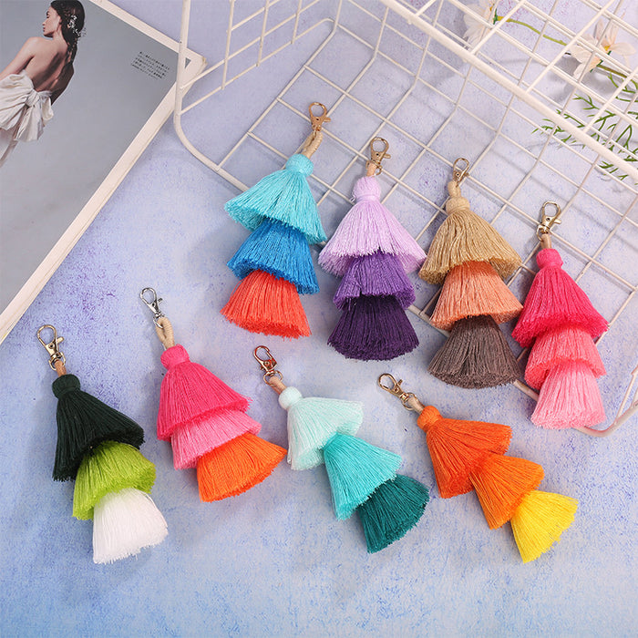 Wholesale handmade three-layer color tassel pendant National style bag accessories pendant Tassel Keychain pendant